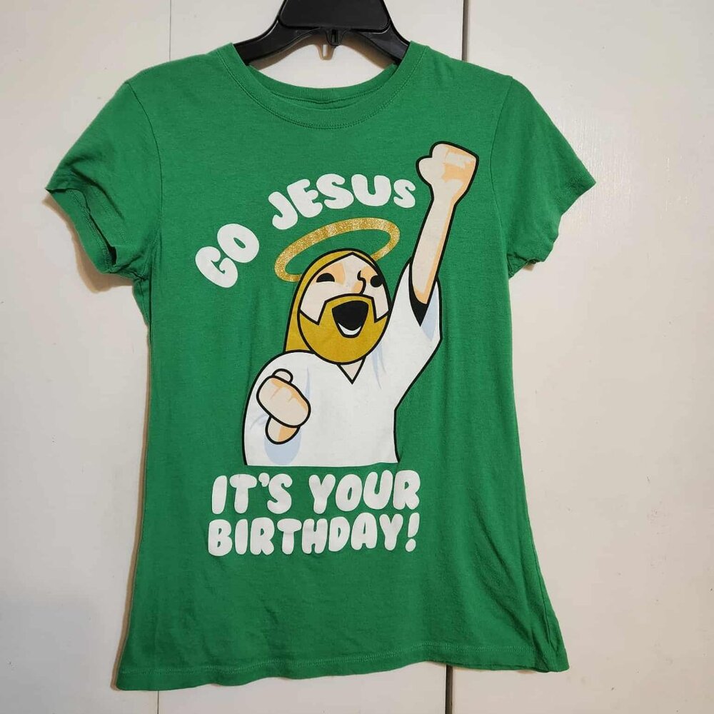 Juniors Large Green Go Jesus It's Your Birthday Graphic Short Sleeve Shirt FLAWS
